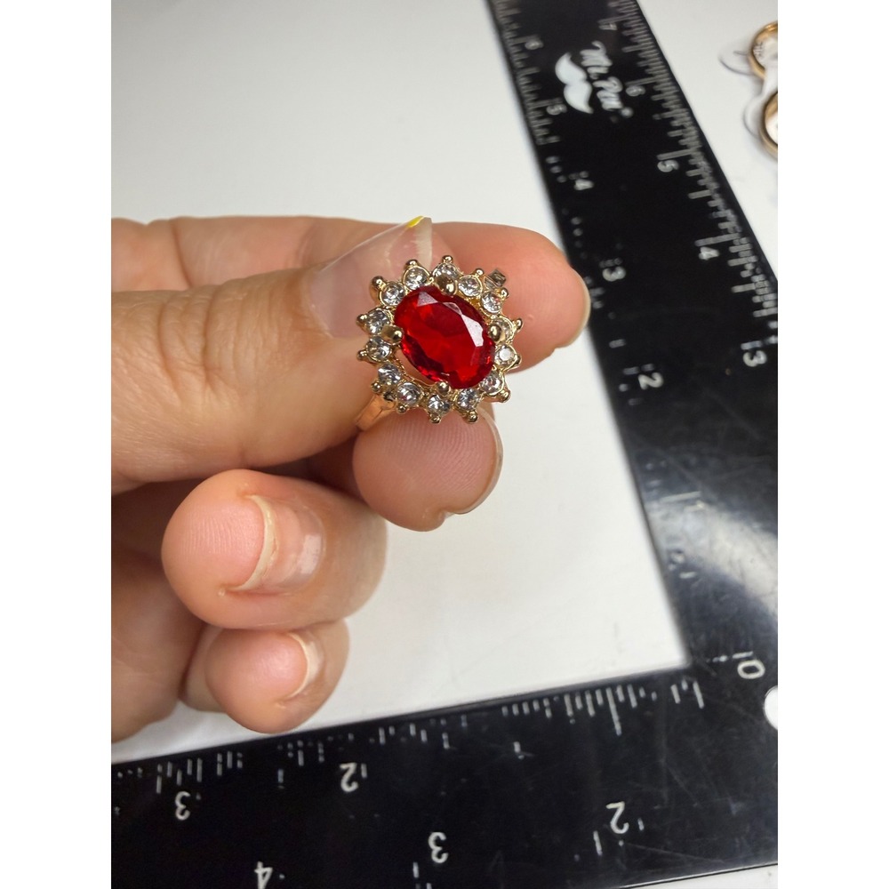 Gold Tone Red Faux Ruby Rhinestone Halo Cocktail Ring Size 6